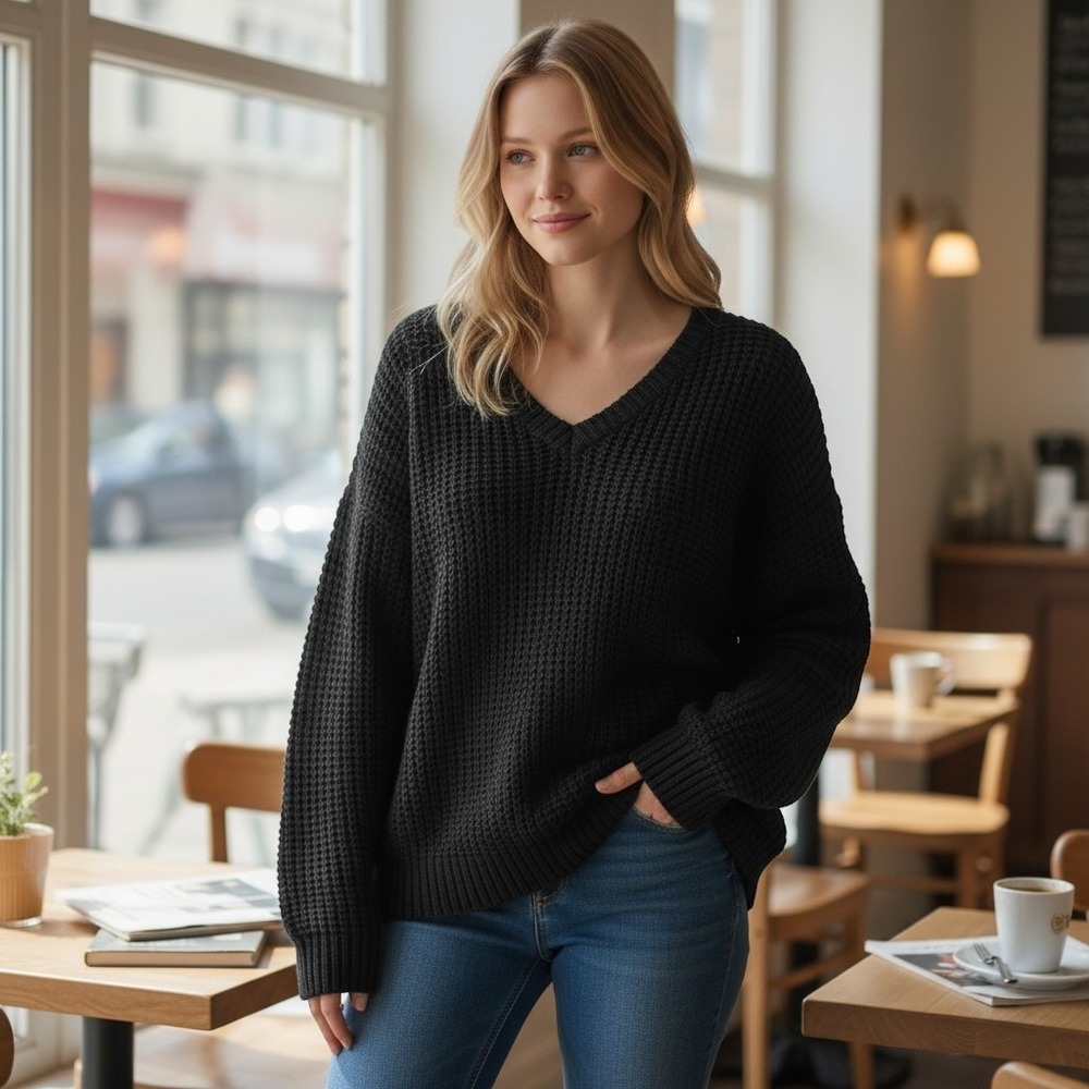 Andree by Unit Womens Black V-Neck Chunky Open Knit Relaxed Sweater 15949 ML